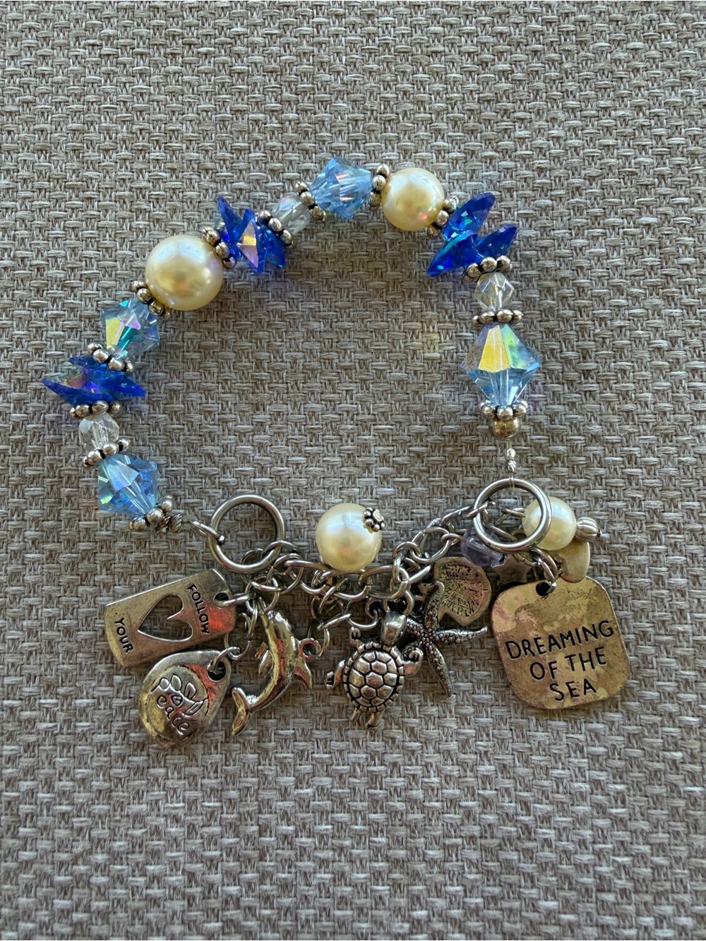 Multi Charm Beaded Bracelet Acrylic Beads Faux Pearls Ocean Themed Charms Blue